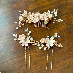 Wedding Hairpieces Floral Pink Rose and Beaded Rose Gold hair pins
